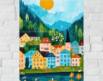 May include: A colorful painting of a small town nestled in a valley with a river running through it. The town is surrounded by green trees and mountains. The sun is shining brightly in the sky. The painting is done in a whimsical style with bright colors and simple shapes.