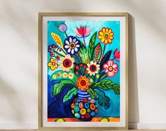Folk Art Floral Painting Print, Abstract Bouquet (Digital Download)