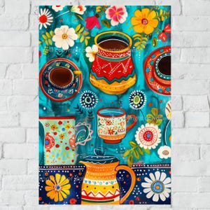 May include: A colorful illustration of a blue background with various floral patterns and colorful mugs and teapots. The mugs and teapots are decorated with floral patterns and geometric designs.