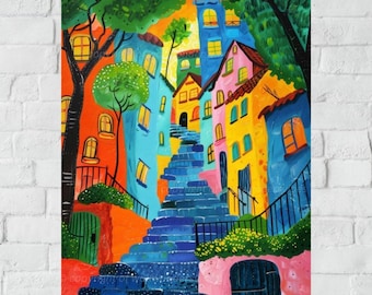 Stampa di arte di strada colorata di Montmartre, arte popolare stravagante (download digitale)