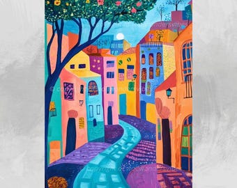 Colorful Village Street Scene Printable Art, Vibrant Cityscape Digital Download, Wall Art for Living Room, Instant Download