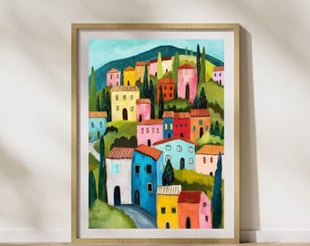 Colorful Village Landscape Art Print, Whimsical Houses Decor (Digital Download)