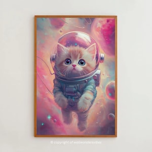 Pink Astronaut Cat Poster Digital Download – A3 Space Kitten Wall Art for Cat Lovers Cat Mom Cute Galaxy Decor, JPG PDF Printable Artwork