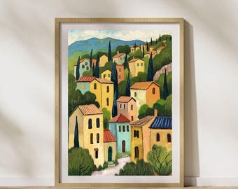 Village méditerranéen pittoresque en téléchargement numérique, maison colorée art mural imprimable, téléchargement immédiat, décoration de paysage italien