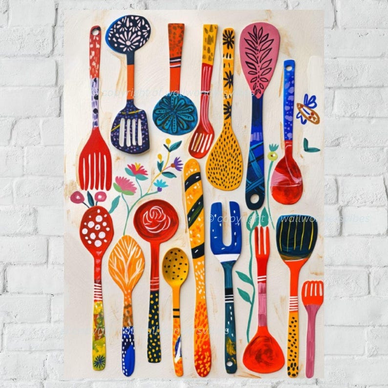 Colorful Digital Art Print, Abstract Utensils Wall Art, Modern Kitchen ...