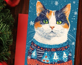 Cute Cat Art Print, Winter Snowflake Theme, Colorful Feline in Sweater, Festive Wall Decor, Cozy Cat Illustration, Gift Idea