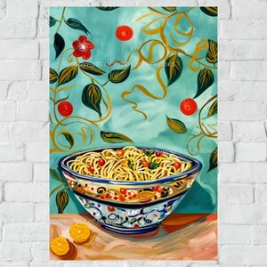 Colorful Pasta Bowl Art Print, Italian Cuisine Kitchen Decor, Vibrant Food Illustration, Digital Wall Art, Fun Dining Room Poster