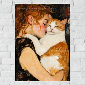 Girl Hugging Cat Wall Art | Romantic Pet Lover Painting Print | Digital Download A3 Printable JPG PDF Cat Lover Home Décor Wall Art