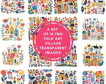 Commercial Use Bundle Set of 16 PNG Folk Art Village Transparent Images, Colorful Whimsical Houses and Flowers Collection, Digital Download