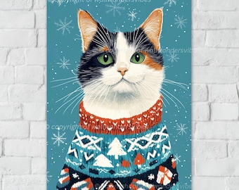 Cat Wall Art Print, Cozy Cat in Sweater, Winter Cat Illustration, Festive Home Decor, Digital Download, Calico Cat Print
