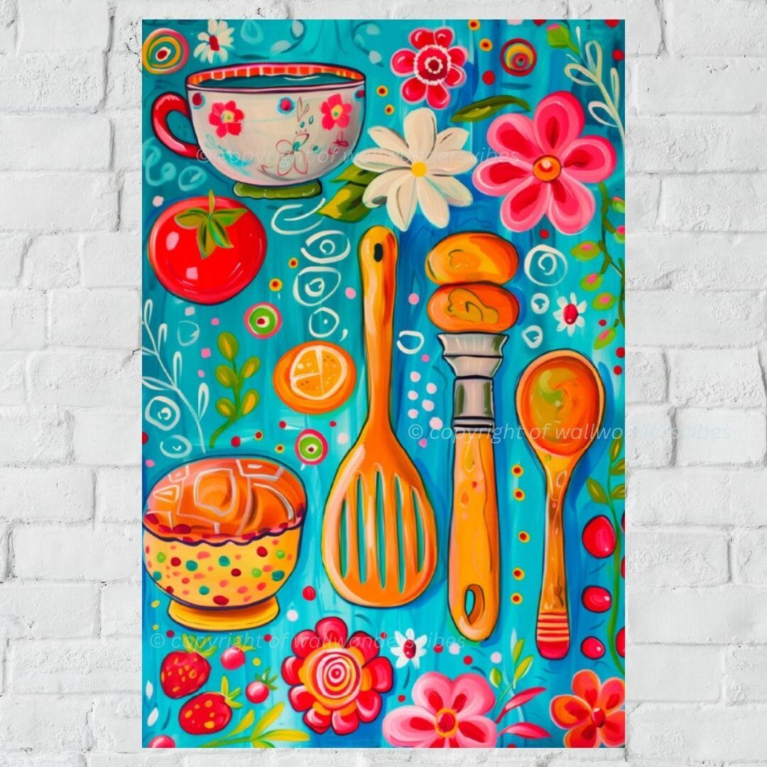 kitchen print - art for kitchen -colourful kitchen... Colorful Kitchen Art Print, Vibrant Cooking Utensils Wall Decor, Fun ...
