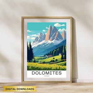 Scenic Dolomites Italy Travel Poster Download, Mountains Wall Art Print, Vintage Landscape Decor, Home Office Aesthetic