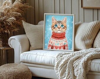 Christmas Cat Print, Whimsical Winter Sweater, Holiday Decor (Digital Download)