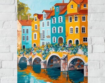Paris Pont Neuf Folk Art Print, Colorful Cityscape (Digital Download)