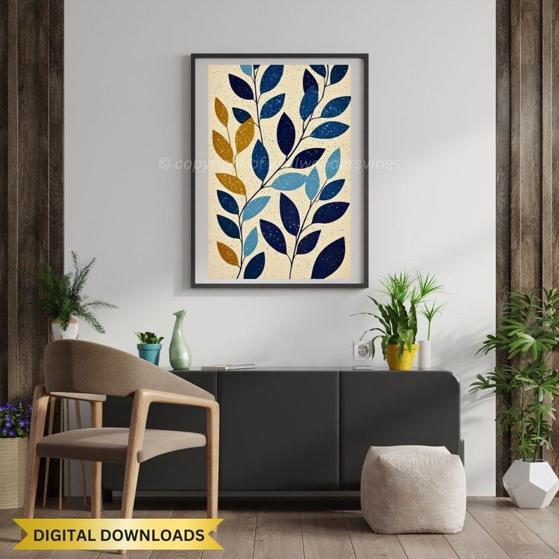 Modern Minimalist Leaf Art Print, Abstract Botanical Wall Decor Blue ...