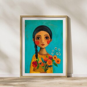 Whimsical Girl Art Print Wall Decor, Cute Boho Art Illustration, Colorful Floral Digital Download, Children&#39;s Room Decor