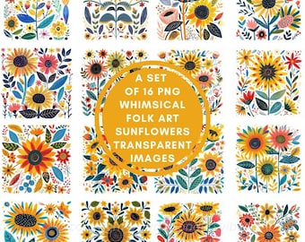 Commercial Use Bundle Whimsical Folk Art Sunflower Spring PNG Set, 16 High Quality Transparent Images Digital Download for Crafts and Design