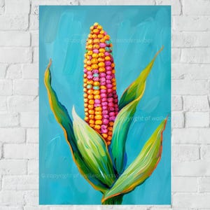May include: A painting of a colourful ear of corn with green leaves against a blue background. The corn is yellow, pink, and green. The leaves are a vibrant green. The background is a bright blue.