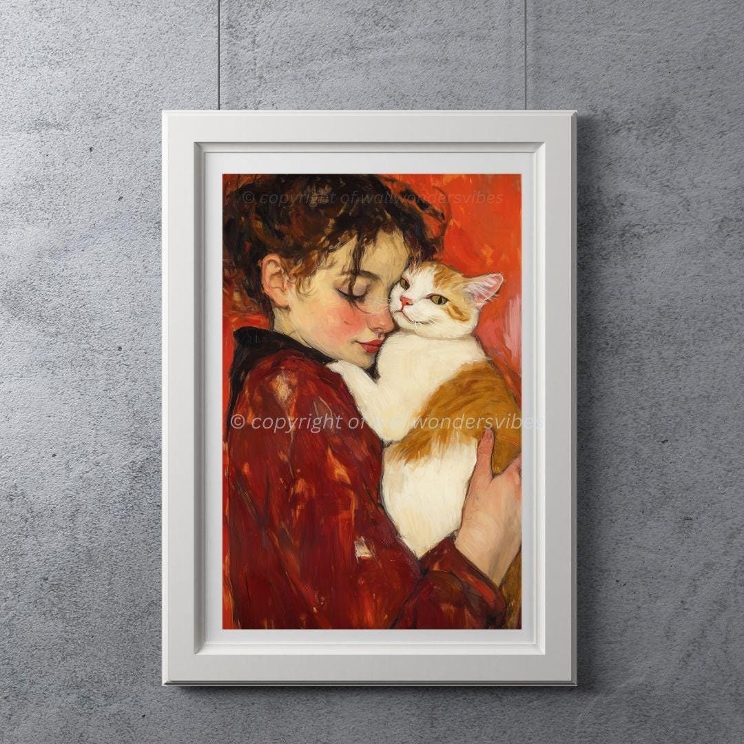 Whimsical Cat and A Girl Paint for Cat Lover Home Décor #6 | A3 ...