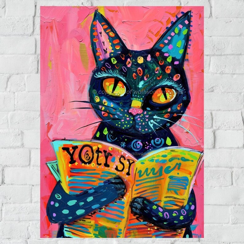 Hilarious Cat Reading Paper Print | Funny A3 Wall Art | Digital ...