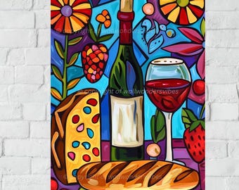 Wine and Cheese Kitchen Art Print, Colorful Food Illustration (Digital Download)