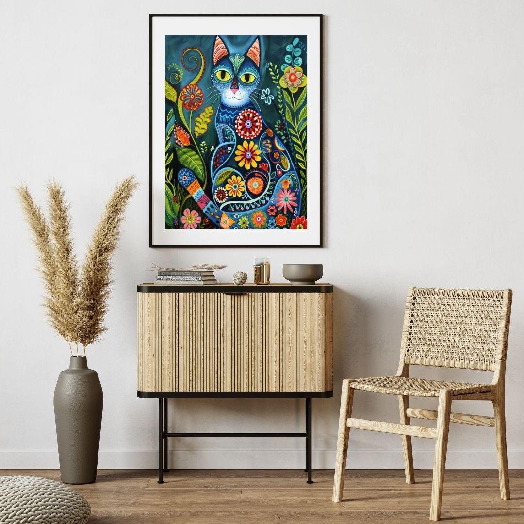 Cat Folk Art #4 Painting Printable Wall Art - Vintage Whimsical Folk ...