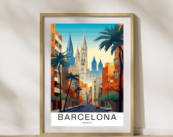 Barcelona Cityscape Travel Poster, Modern Spain Wall Art (Digital Download)