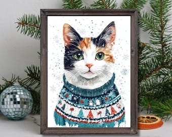 Cute Cat Winter Art Print, Cozy Cat in Sweater Wall Decor, Cat Lover Gift Idea, Festive Cat Illustration, Modern Home Digital Art