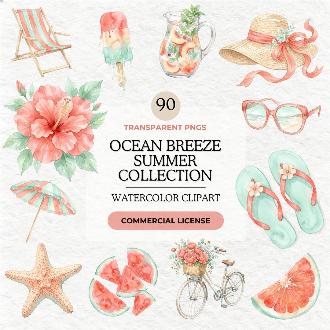 Summer Watercolor Clipart Bundle, Beach PNG Elements, Ocean Breeze ...