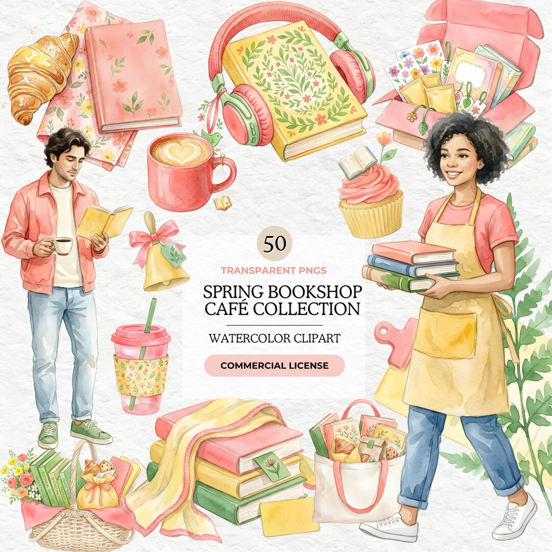 Spring Bookshop Cafe Clipart Bundle, 50 Watercolor Pngs, Book Lover ...