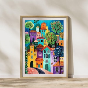 Colorful Village Digital Art Print, Whimsical Landscape Wall Art, Bright and Cheerful Home Decor, Printable Artwork