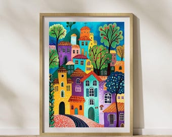 Colorful Folk Art Village Print, Whimsical Landscape (Digital Download)