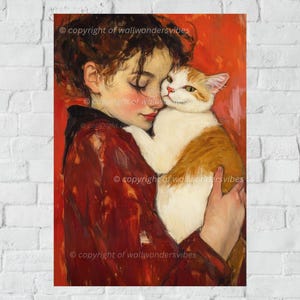 Girl Hugging Cat Wall Art | Romantic Pet Lover Painting Print | Digital Download A3 Printable JPG PDF Cat Lover Home Décor Wall Art