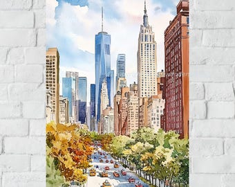 New York City Skyline Wall Art, Digital Download, Printable Cityscape, Watercolor City Decor, Urban Art Print, NYC Poster