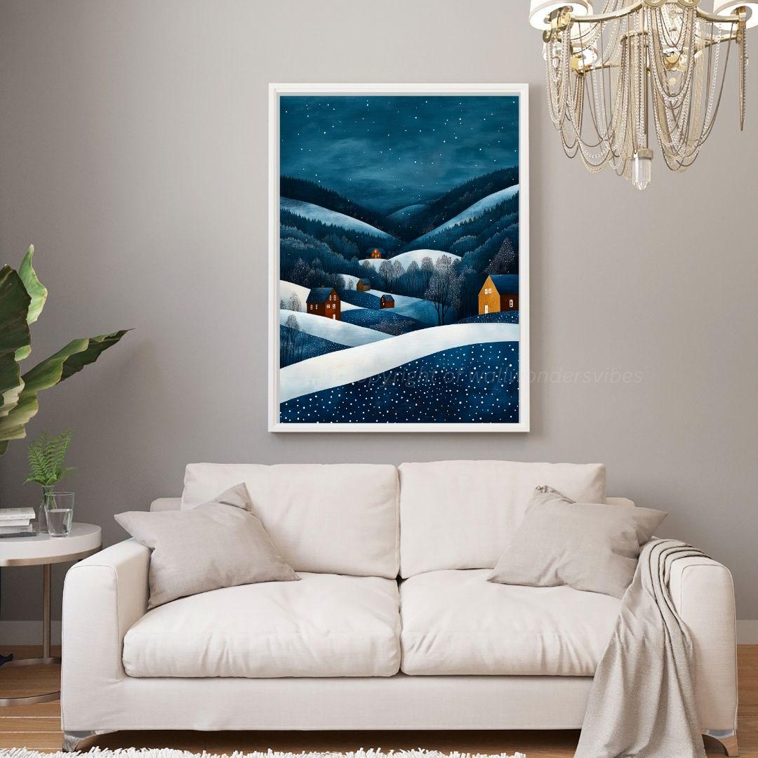 Winter Night Landscape Art, Digital Wall Art Print, Snowy Hills and ...