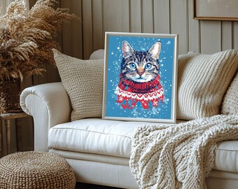 Christmas Cat Print | Festive Sweater, Holiday Wall Decor (Digital Download)