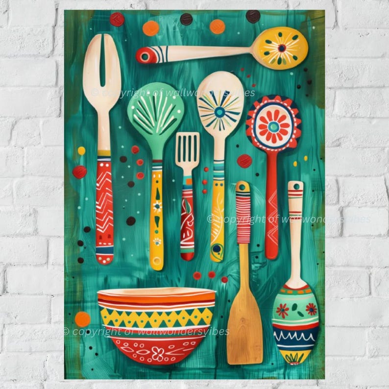 Colorful Kitchen Utensils Wall Art Print Digital Download, Bright ...