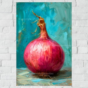 Pink Onion Wall Art Printable, Abstract Vegetable Painting, Kitchen Decor Digital, Colorful Still Life Download, Modern Artwork Print