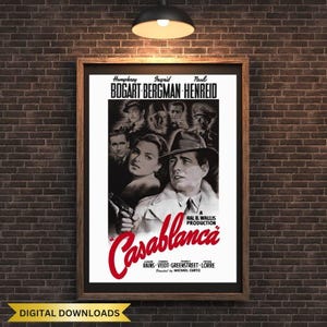 Classic Movie Poster Print, Vintage Film Artwork, Casablanca 1940s Cinema Decor, Iconic Movie Art, Black and White Wall Art