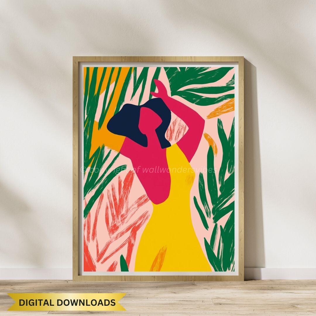 Colorful Tropical Art Print, Woman in Yellow Dress Digital Wall Art ...