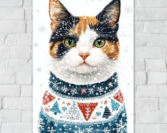 Cute Cat Art Print, Whimsical Wall Decor, Winter Cat Illustration, Cozy Animal Artwork, Adorable Feline Poster