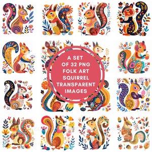 May include: A set of 32 PNG folk art squirrel images. The squirrels are colorful and have intricate patterns. They are all in different poses and have different expressions. The images are perfect for use in crafts, scrapbooking, and other creative projects.