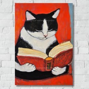 Cat Reading Poster Print, Cute Cat Wall Art, Reading Cat Illustration, Whimsical Cat Decor, Cat Lover Gift, Funny Cat Digital Art