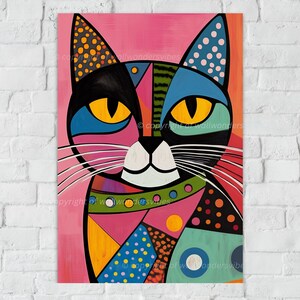 Kleurrijke abstracte kattenkunst portret afdrukbare muurkunst, kattenliefhebber cadeau, digitale download JPG PDF A3, modern huisdierdecor, vintage kattenkunst #3