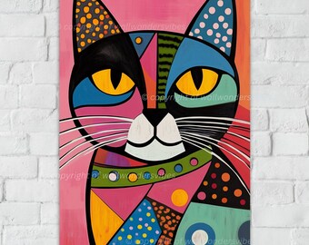 Colorful Abstract Cat Art Portrait Printable Wall Art, Cat Lover Gift, Digital Download JPG PDF A3, Modern Pet Decor, Vintage Cat Art #3