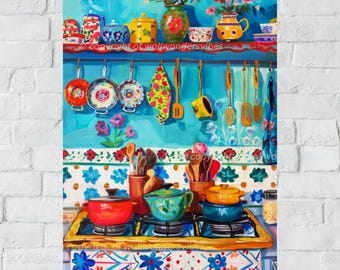 Colorful Kitchen Utensils Art Print, Whimsical Decor (Digital Download)
