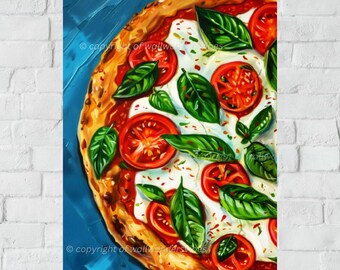 Margherita Pizza Art Print, Tomato Basil Pizza Wall Art, Italian Food Kitchen Decoration, Pizza Poster Printable, Pizza Lover Gift
