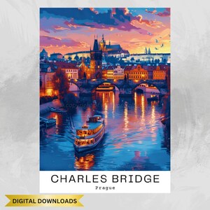 Charles Bridge Prague Wall Art, Cityscape Digital Download, Colorful Sunset Print, Home Decor, Travel Poster, Gift Idea