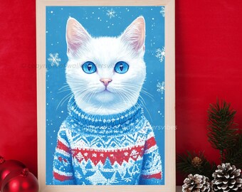 Festive Cat Christmas Art Print, Cozy Cat in Sweater (Digital Download)