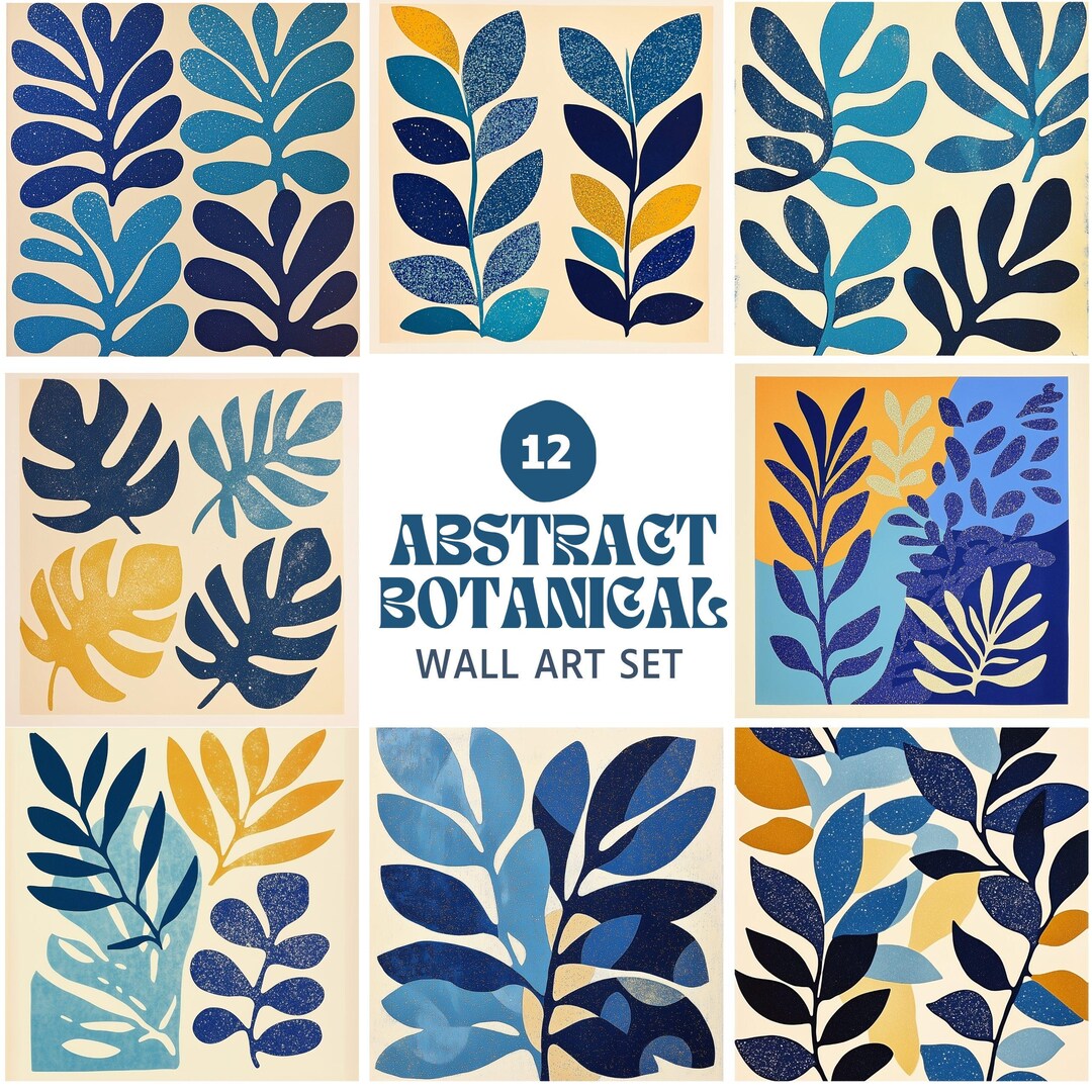 Abstract Botanical Wall Art Set 12 JPG, Blue Beige Printable Mid ...